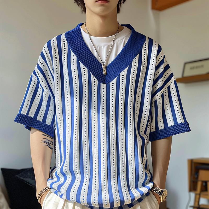 

INCERUN Мужские свободные топы с V-образным вырезом и коротким рукавом в полоску, повседневные вязаные пуловеры на весну и осень синий