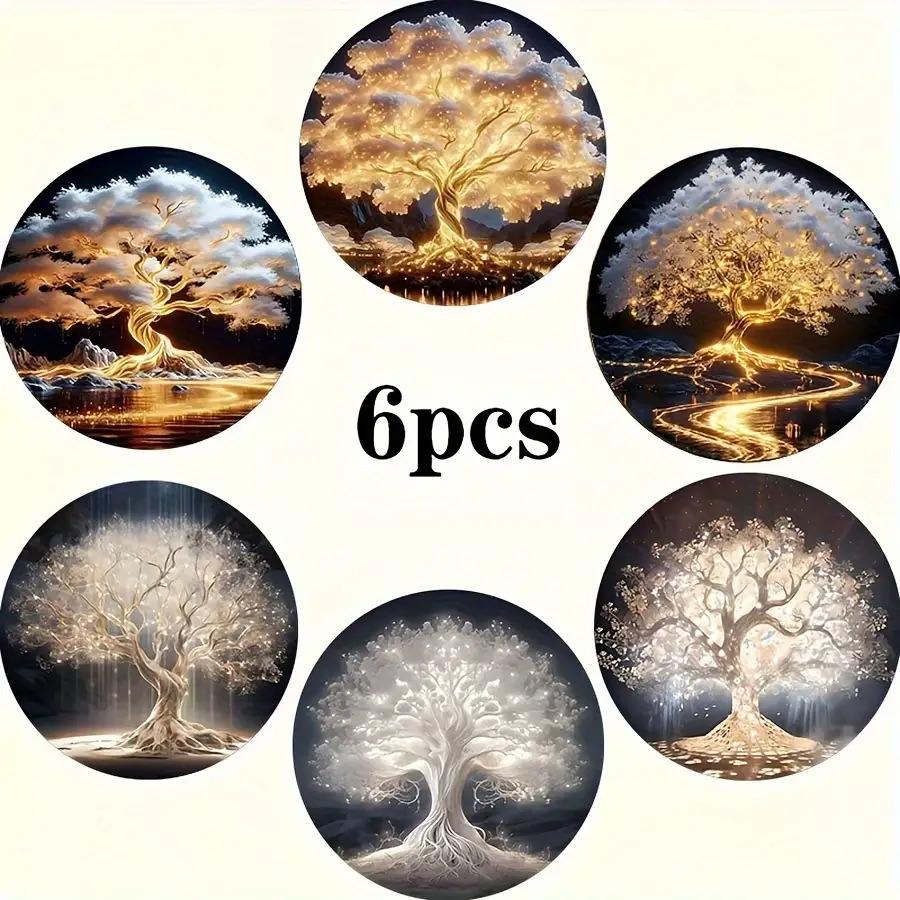 6pcs 2D Golden Life Tree River Art round Wooden Coaster Holder Dreamy Home Coffee Shop Table Decor Artistic Cup Mat Party Gift