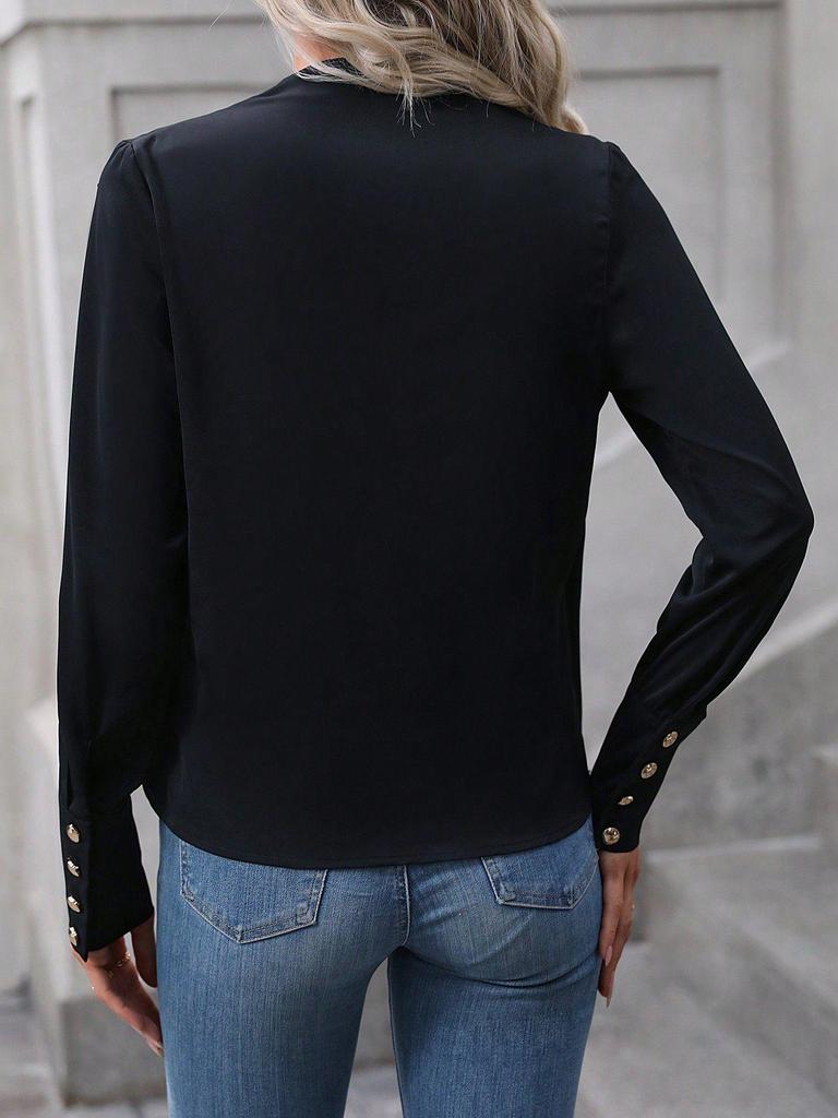 European and American Style Women's Black Long-Sleeve Crossover V-Neck Top with Cuff Buttons