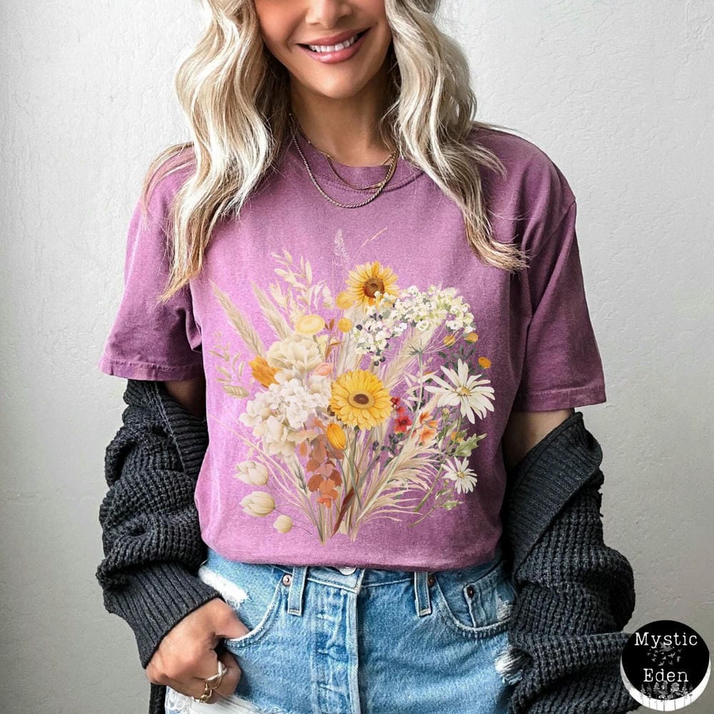 Chemise Confort Imprimé Fleurs Sauvages Vintage Bohème Cottagecore T-shirt Botanique Violet Fleuri Vêtement Tendance Y2K Décontracté Streetwear