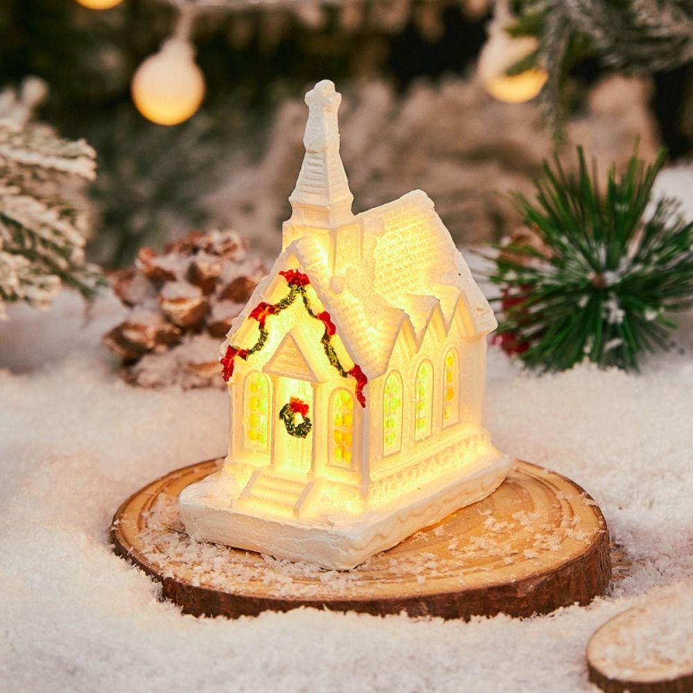 Resin Christmas Glowing Small House White Cartoon Table Decorations  Holiday Festive Decor