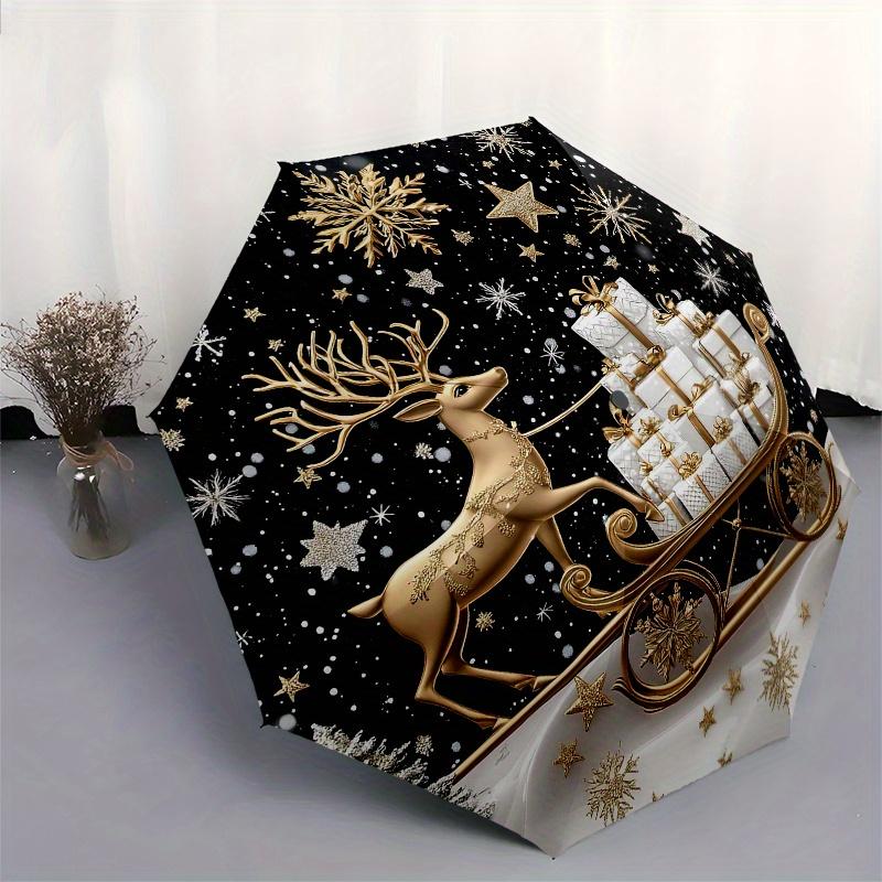 Golden Deer with Presents Christmas OrnamentUmbrella, Portable 3-Fold Compact Umbrella,Christmas Gift ES614