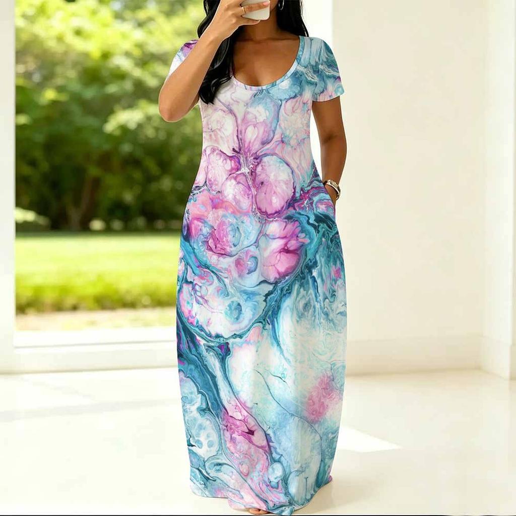 Plus Size Ladies Short Sleeve Crew Neck Dress Flowy Loose Outfit For Summer Family Gathering Wear