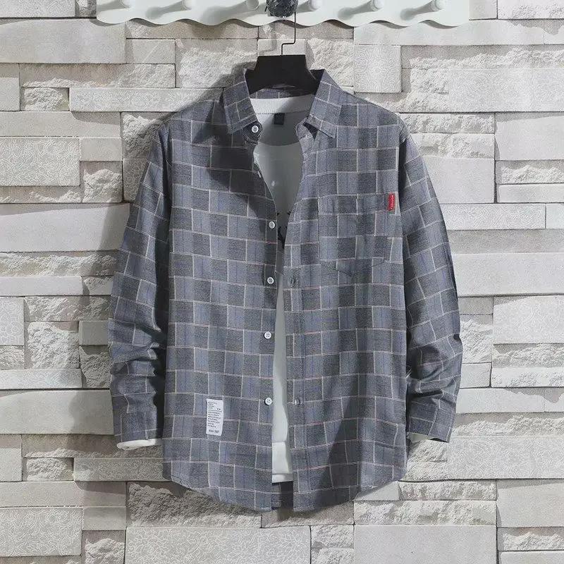 Plaid Men's Long-Sleeve Shirt - Trendy Korean Hong Kong Style