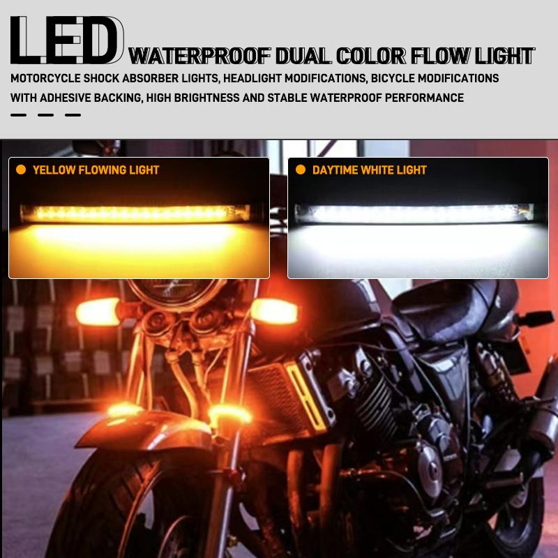 Universal Motorcycle LED Fork Turn Signal Light Strip DRL White&Amber Blinkers 12V Waterproof Adjustable Light Bar Strip