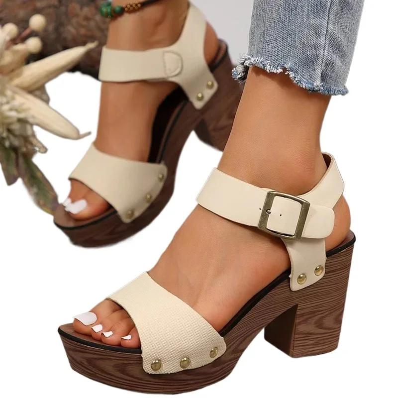 2024 Plus Size Ladies Shoes Rome Women's Sandals Outdoor Dress Sandals Women Rivet Buckle Strap Platform Chunky Heel Shoes Women