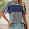 Women T-shirt Round Neck Short Sleeve Color Block Tee Shirt Loose Fit Versatile Pullover Tops Daily Wear