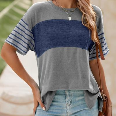 Damen T-Shirt Rundhals Kurzarm Farbblock T-Shirt Locker Geschnitten Vielseitige Pullover-Tops Alltagskleidung