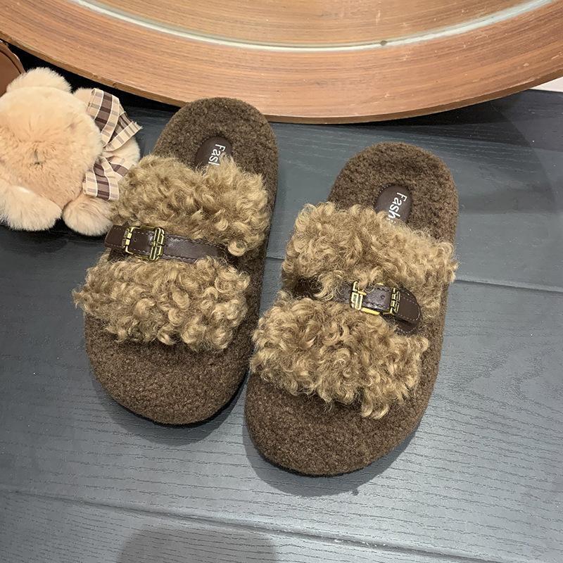 

Корейские увеличивающие рост и стройнящие женские хлопковые тапочки модные пушистые тапочки 2025 осень новая мода ретро шлепанцы 40 коричневый