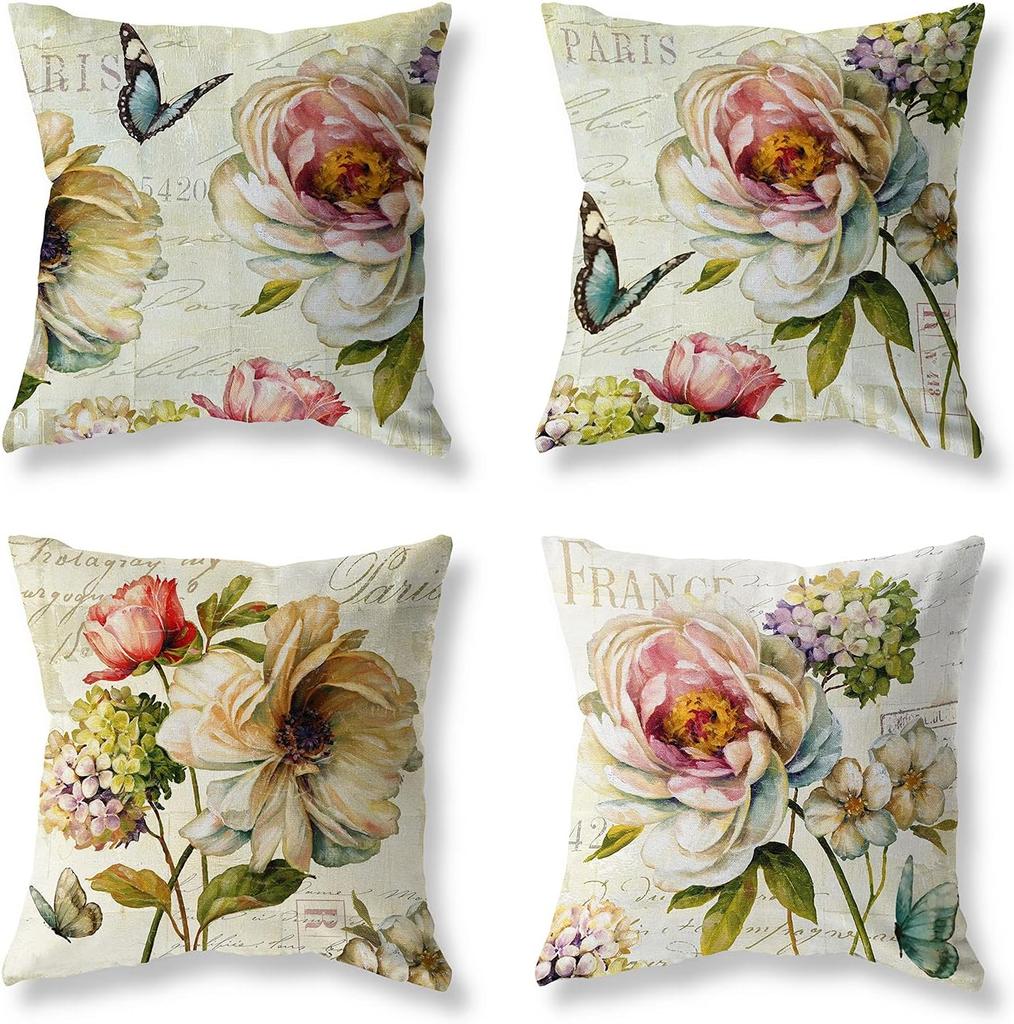 Farmhouse Decorative Throw Pillow Covers Vintage Flower Pillows Cover Set Of 4 Cotton Linen Floral Outdoor Cushion Case Cases