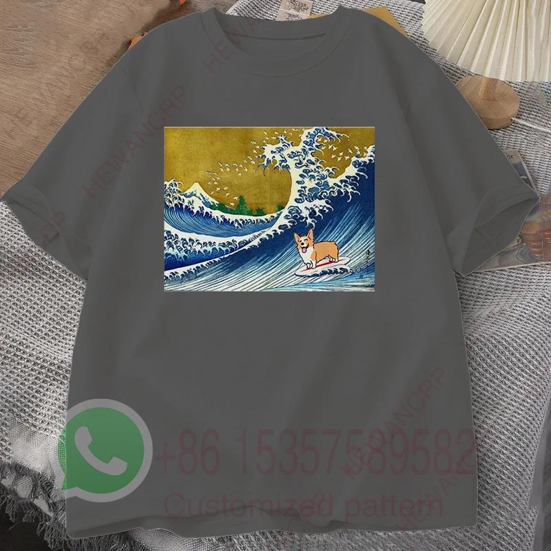 

The Great Wave Off Kanagawa Surfing Corgi Dog T Shirt Mens Tracksuit Cotton Casual Sportswear ONeck Pullover Short Sleeve Tops 4XL