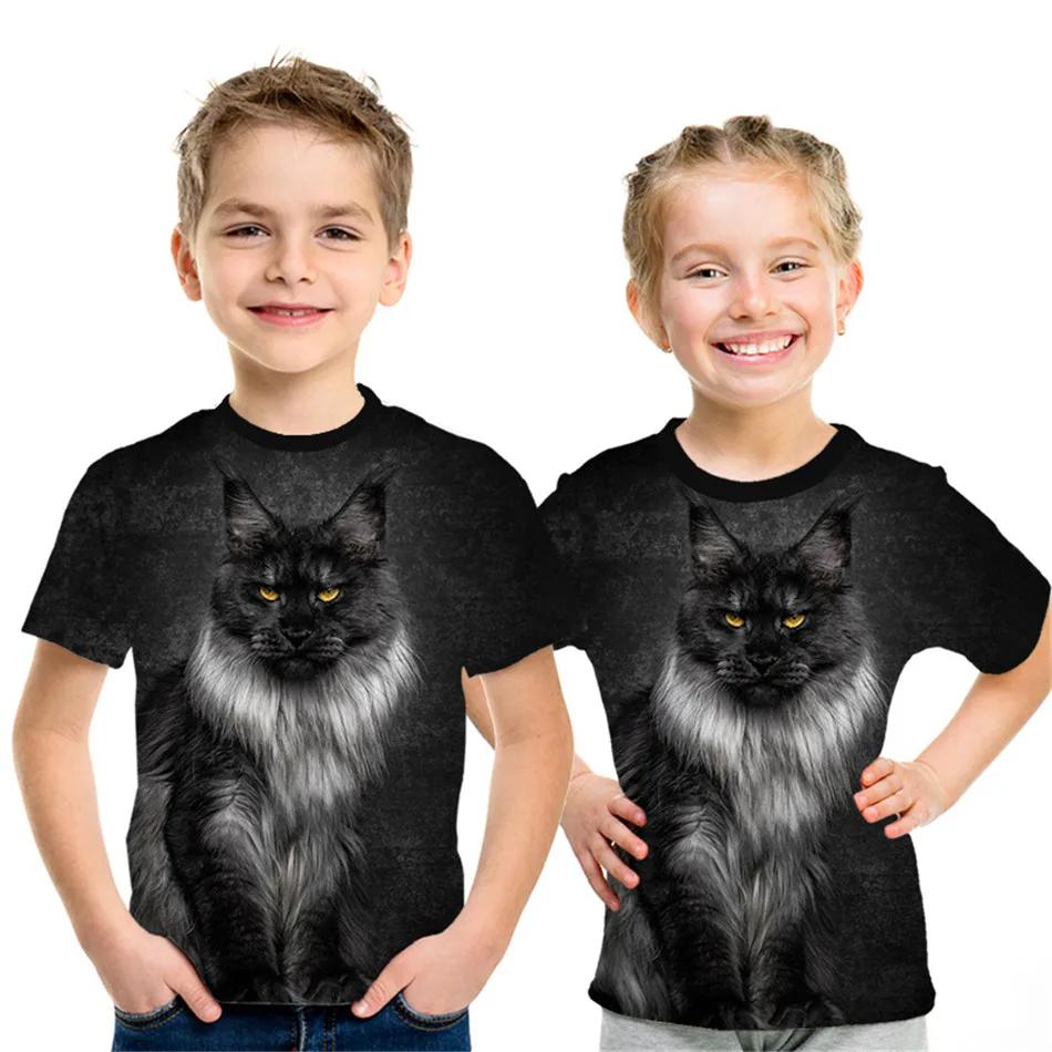 

Детская одежда для мальчиков и девочек с коротким рукавом, летняя детская одежда с 3D-принтом кота, милая черная футболка 2024 года, детская одежда, топы для девочек 140