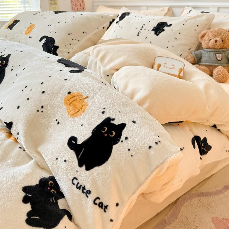 Thickened Milk Fleece Bed Four-Piece Coral Fleece Quilt Cover Double-Sided Flannel Fleece Bed Sheet Three-Piece Set
