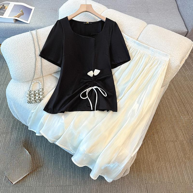 A New Summer Dress Set for Plus-size Women, Featuring Irregular Square Collar Short-sleeved Tops and High-waisted Skirts