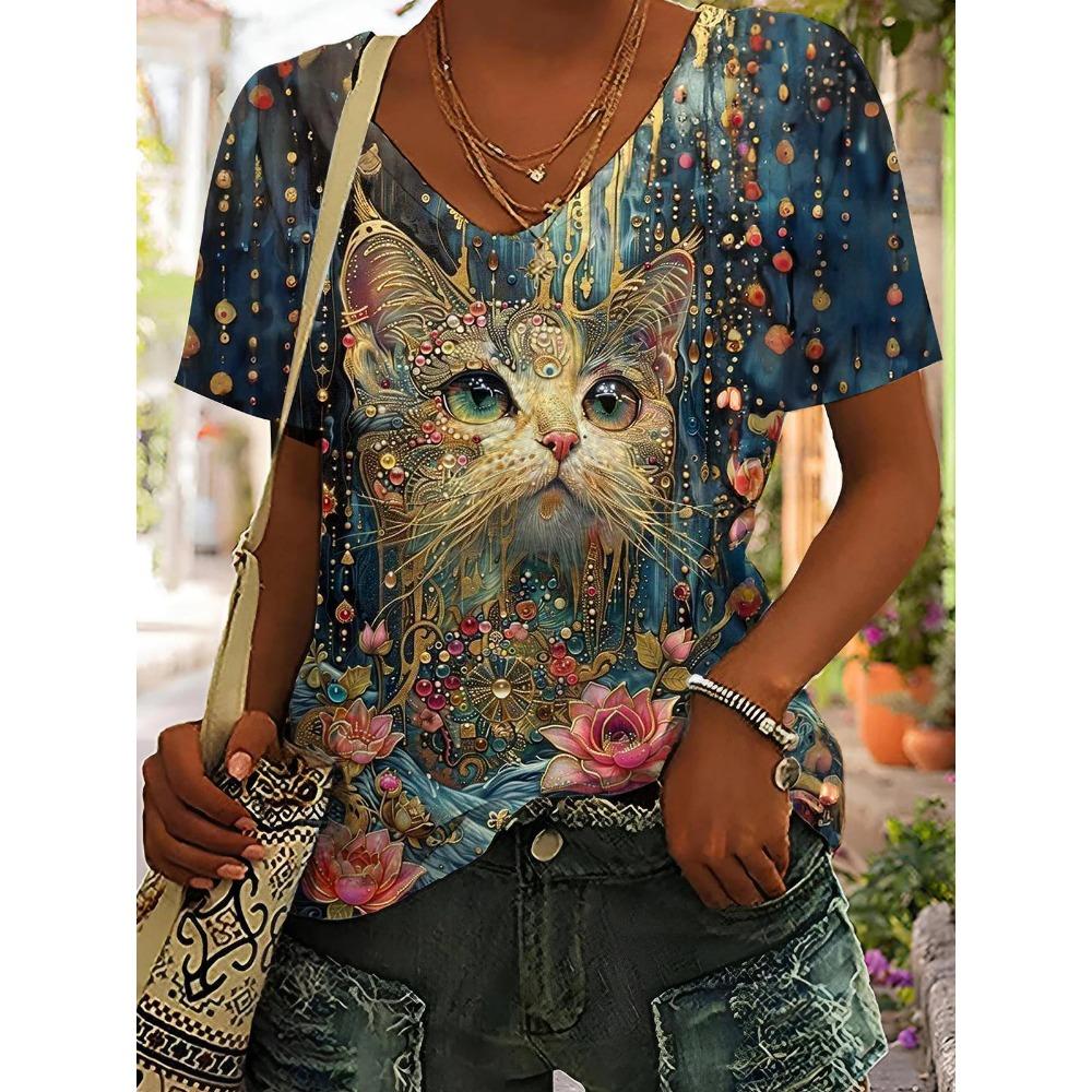 Hot V-neck T-shirt Street Style Y2K Clothing Women's Summer Casual Loose Colorful Cat 3D Printed Short Sleeve Top Retro Style