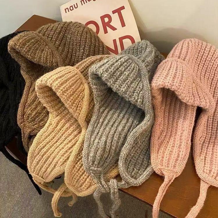 Korean ear protection flying hat versatile face small bag hat autumn and winter warm solid color lace-up knitted wool hat children