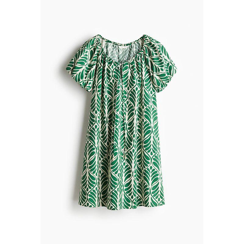 

HM Women clothes Collarless Dress 2025 Summer New Loose Short sleeve A Word Design Floral Skirt 1275760 White/Green Pattern 150/76(XXS)