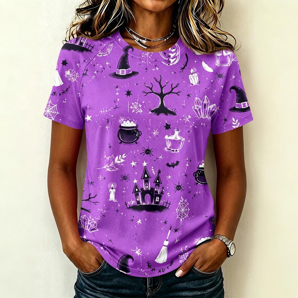 Women Raglan Sleeve Casual Short Sleeve Top Halloween Print Round Neck T Shirt Lightweight Comfortable Fit