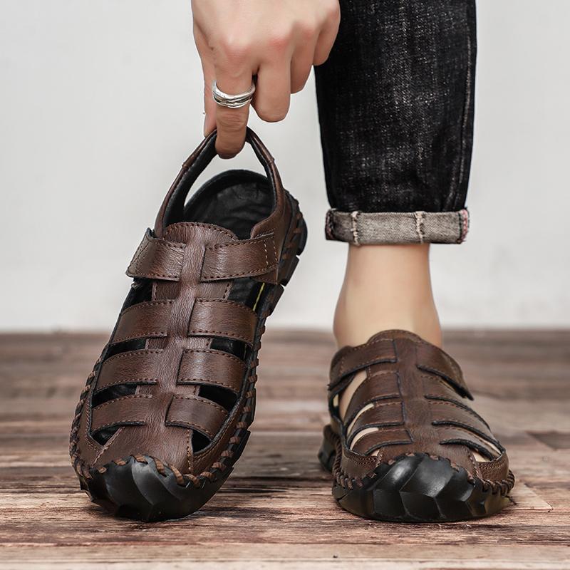 Fashion Outdoor Breathable Soft Soled Water Wading Beach Shoes Summer Fashion Men Plus Size Leather Hand Sewn Comfortable Casual Sandals