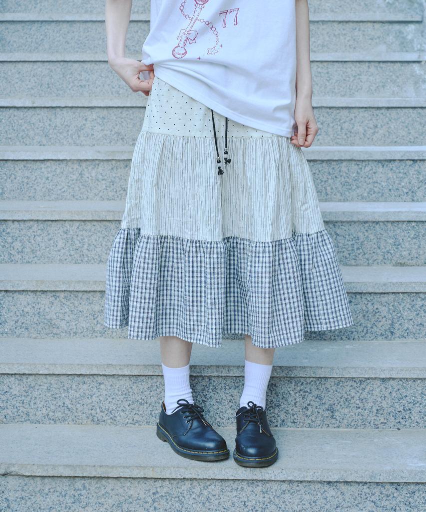 Mihebeu Three-Pattern Shirred Vintage Skirt Ivory