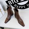 578-10 Retro Hand-Scratched Women's Ankle Boots, European & American Style, Winter Chunky Mid-Heel, Pointed Toe Short Knight Boots