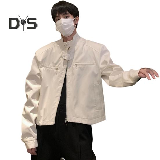 

Мужская куртка, пальто, застежка-молния, однотонный цвет, два боковых кармана, короткая куртка, воротник-стойка, длинный рукав, уличная одежда M белый