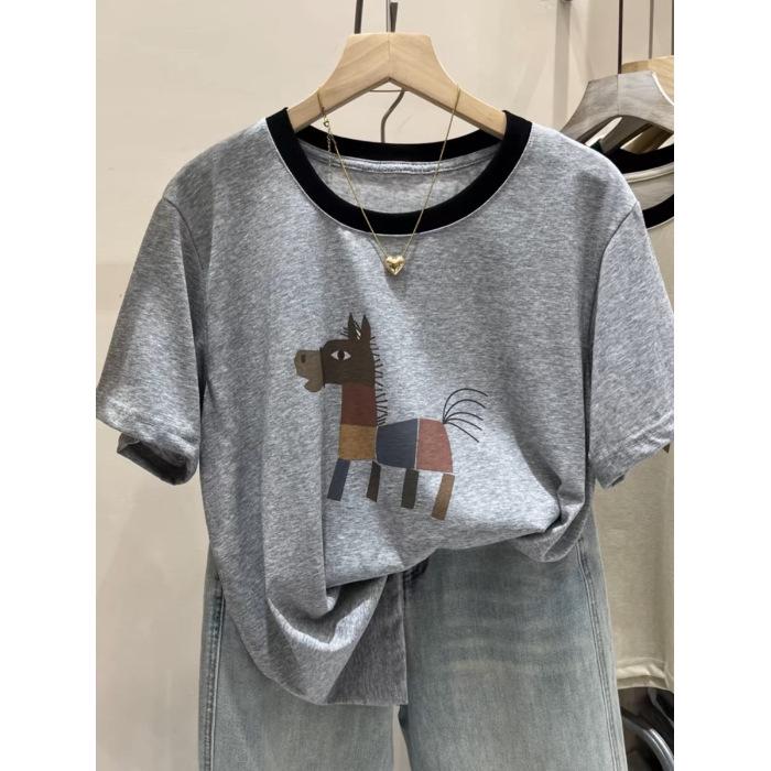 Colorful Horse Print Plus Size Summer Casual Loose Women's Cotton T-shirt