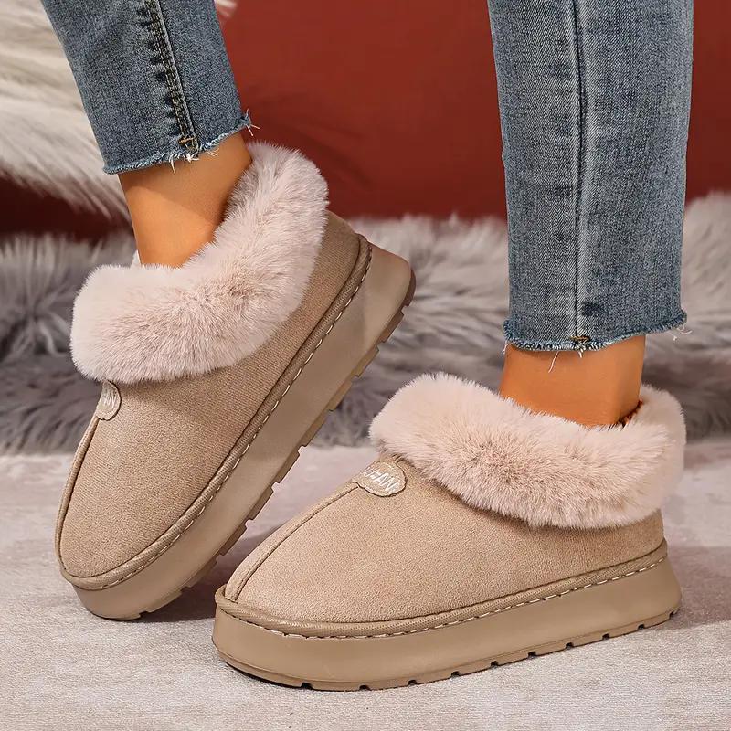 Women's Platform Boots Winter Fur Chunky Shoes Ankle Warm Plush House Fluffy Footwear Plush Lined Slip On EVA Sole Slippers New