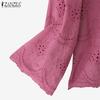 ZANZEA Womens Casual O-neck 3/4 Sleeve Crochet Patchwork Loose Blouse