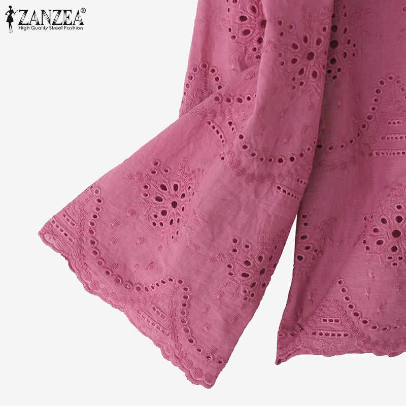 ZANZEA Womens Casual O-neck 3/4 Sleeve Crochet Patchwork Loose Blouse