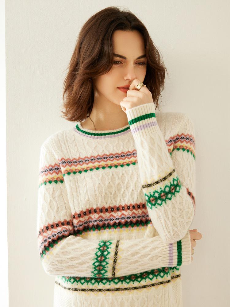 Women's Retro Jacquard Cashmere Knitwear: Color Block Round Neck for Autumn/Winter