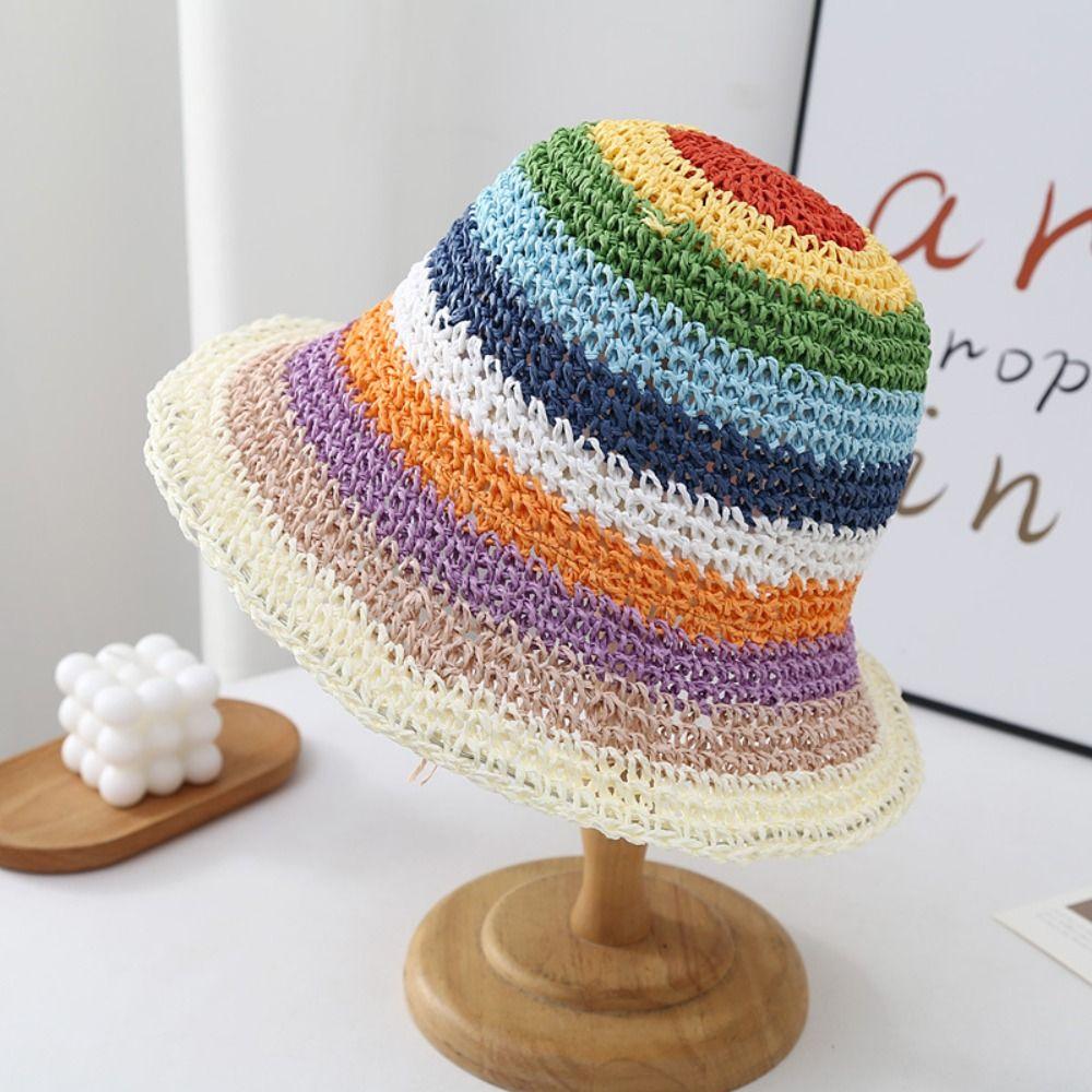 Weave Sunscreen Bucket Hat Crochet Beach Fisherman Hat Elegant Rainbow Straw Hat  Summer