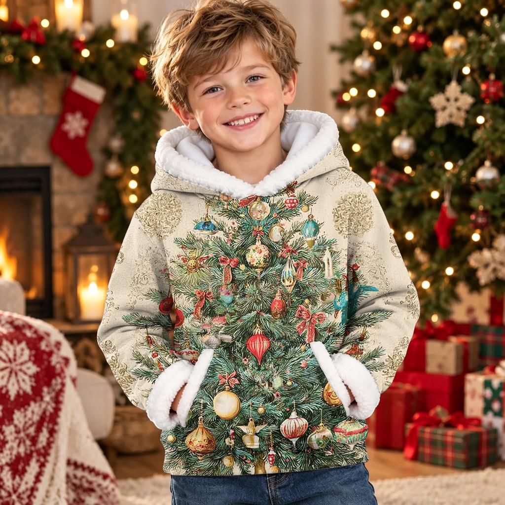 Kids Long Sleeve Christmas Print Casual Hooded Top for Boys and Girls Holiday Outfit
