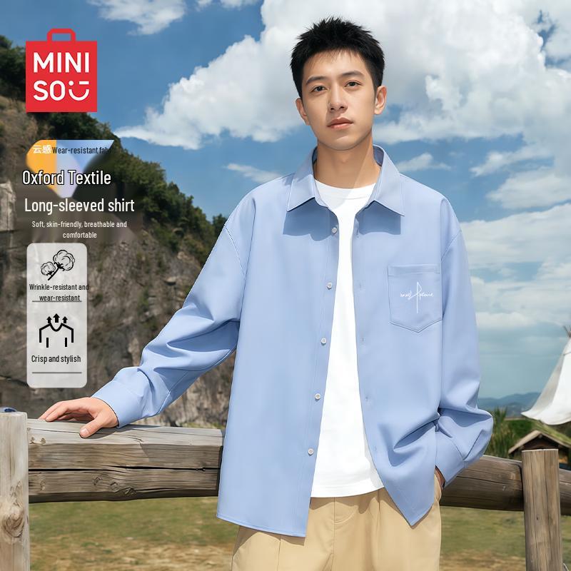 

MINISO Men s Vintage Oxford Cuban Collar Long Sleeve Shirt 3XL