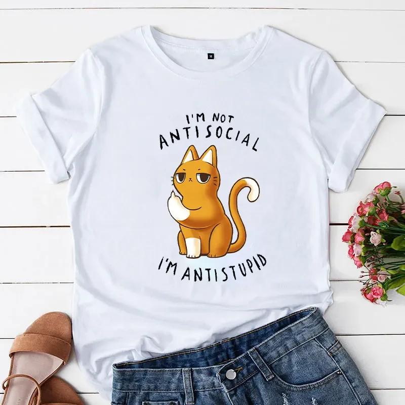 Lässige T-Shirts Damen Ich bin nicht asozial Ich bin antidumm Ästhetischer Trend Sommer Damenkleidung T-Shirt Oberteile Unisex Katze Cartoon T-Shirt