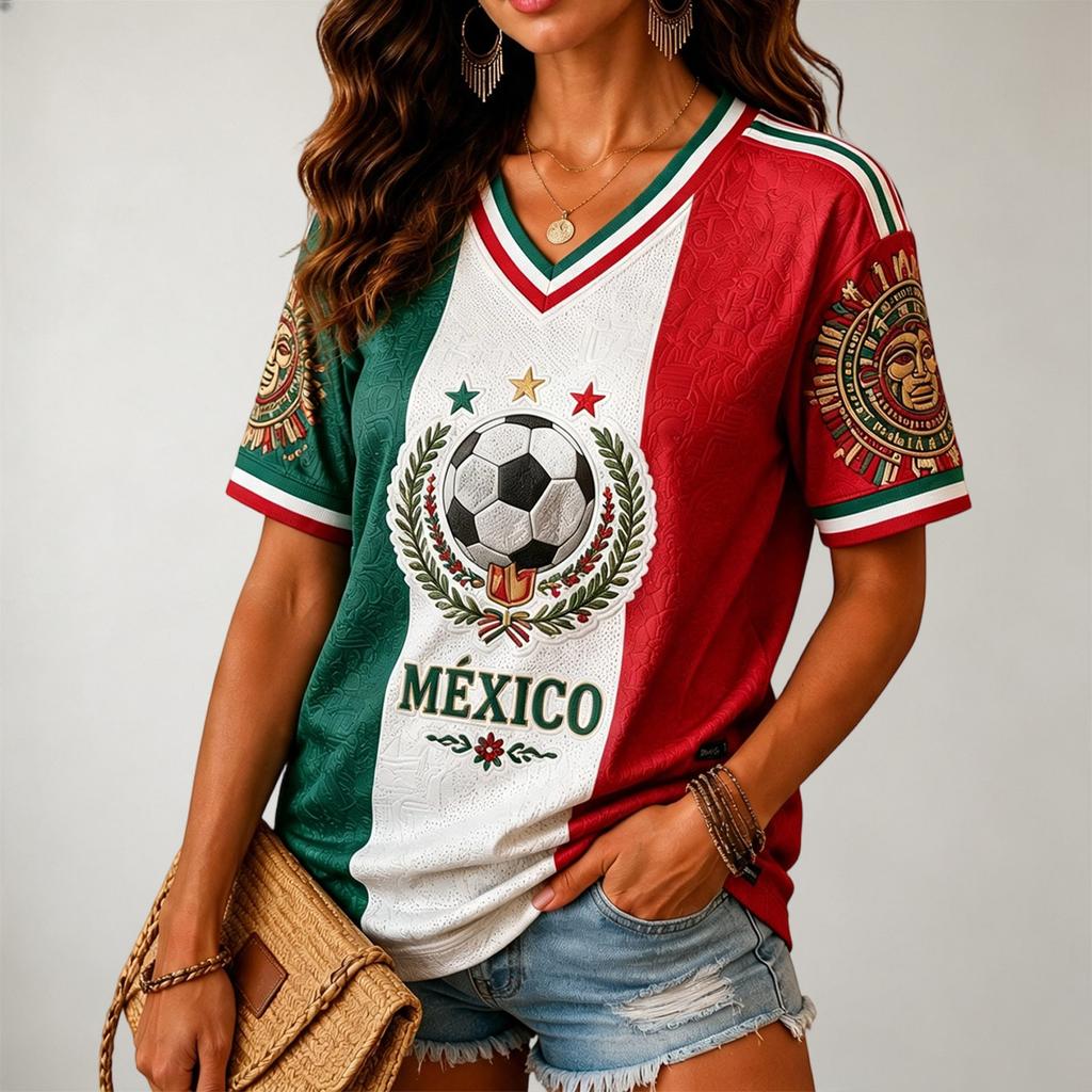 Damen V-Ausschnitt Kurzarm T-Shirt mit Fußball-Print für Freizeitkleidung