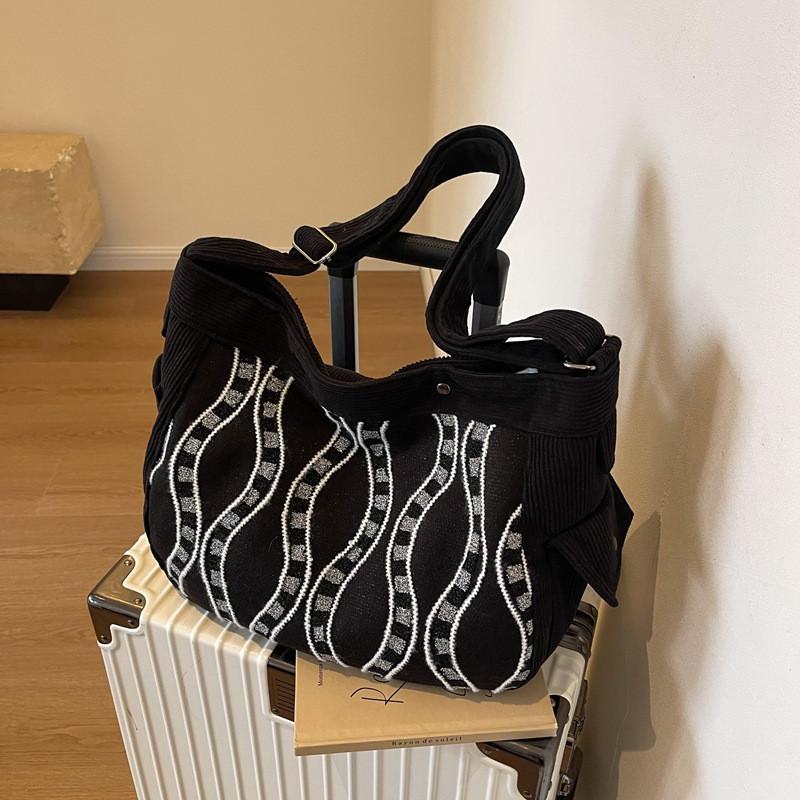 Стильная полосатая холщовая сумка-тоут для женщин Универсальная сумка через плечо для commutes с внутренним карманом на молнии чёрный