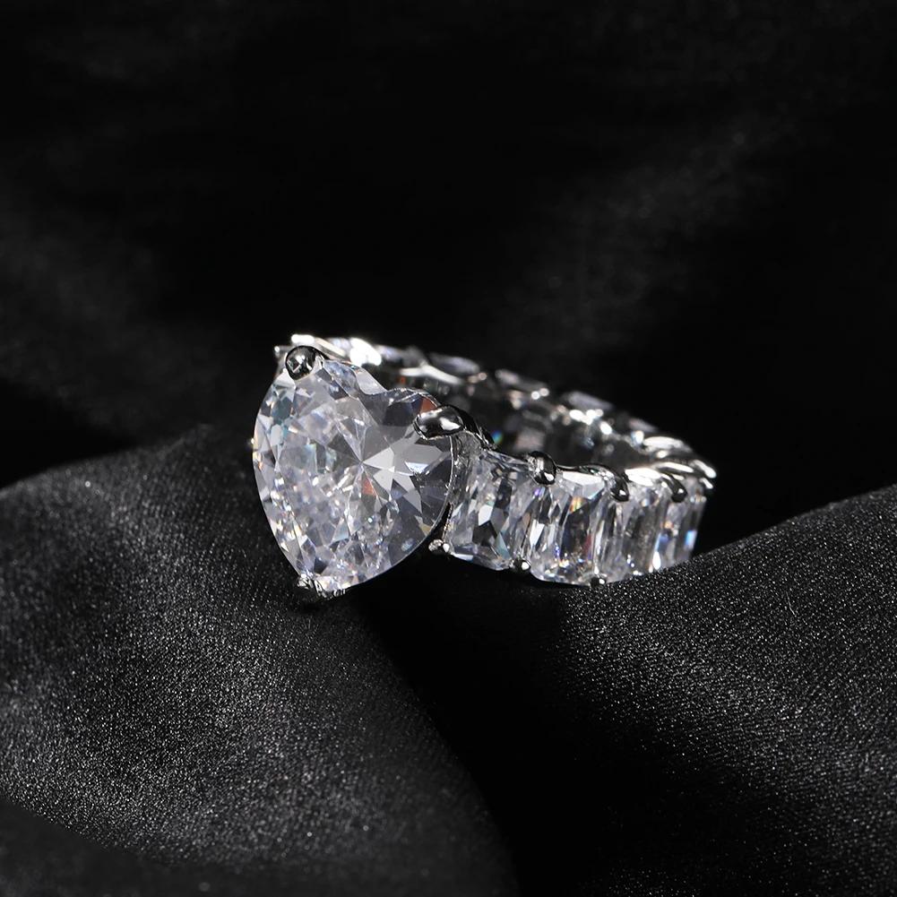7mm Big Baguette  CZ Stone Pink Heart Ring Iced Out Bling Fashion Ring Hip Hop Jewelry High Quality Engagement Gift  Color