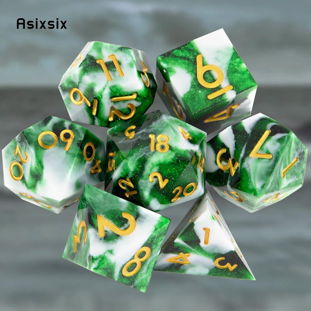 7 Stück weiß-grünes Kunstharz, goldene Zahlen, scharfkantige Würfel, polyedrische Würfel, geeignet für Rollenspiele, RPG-Brettspiele