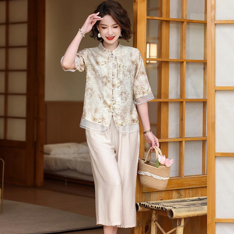 Sommer Baumwoll-Leinen Stilvolles Sommer Kurzarm Damenhemd für Mütter mittleren Alters