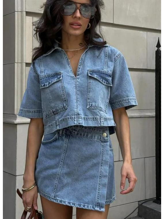 

Двубортный пуловер с V-образным вырезом, джинсовый топ и джинсовая юбка с высокой посадкой XL светло-синий