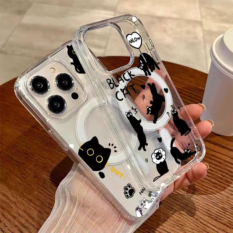 For Magsafe Magnetic Phone Case For Samsung Galaxy S26 Ultra S25 S24 FE S23 S22 Plus Cute Cartoon Black Cat Pattern Clear Cover