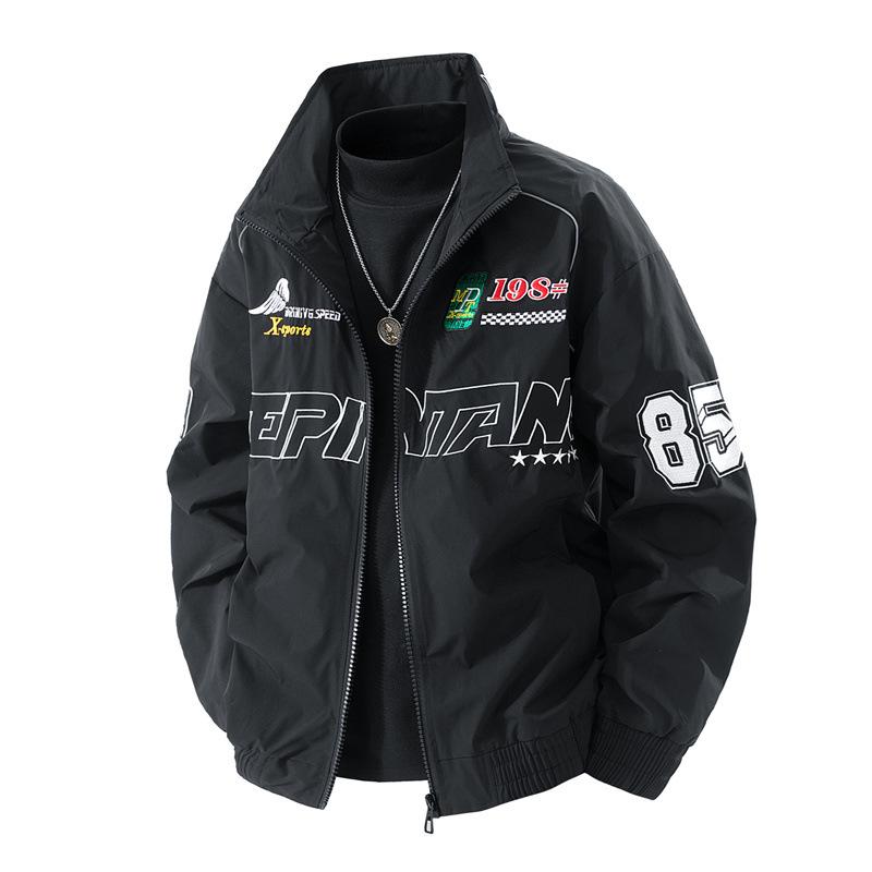 

Американская повседневная куртка-бомбер мужская весенне-осенняя уличная красивая куртка со стойкой воротником, велосипедный вышитый топ M