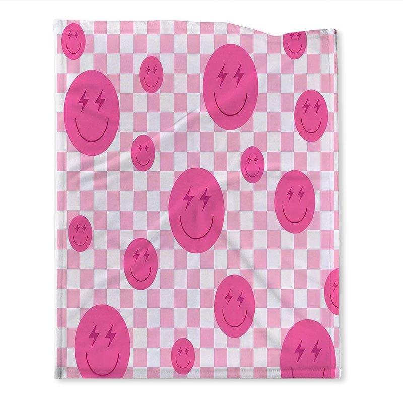 Pink Plaid Smile Face Flannel Blanket, Soft And Comfortable Blanket For Family And Friends, Suitable For Sofa Bed Throw Blanket