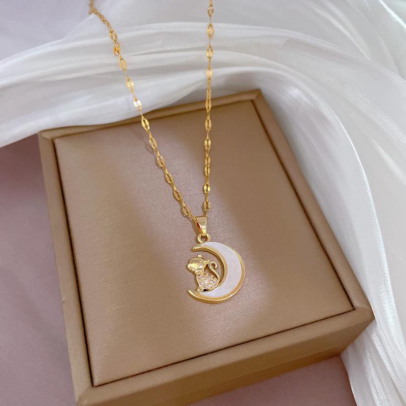 Leichter Luxus Voll Diamant Mikro-Eingefasster Zirkon Mond Perlmutt Kätzchen Halskette Kupfer Galvanisiert Echtgold Anhänger