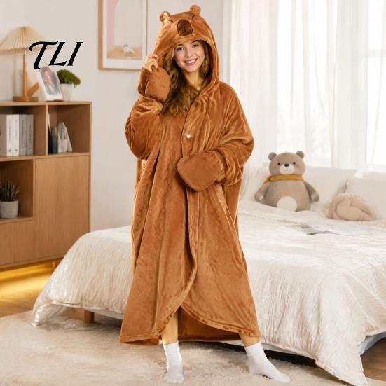 Damen Halloween Kostüm Tier Tragbare Decke Hoodie für Damen, Übergroßer Flanell Pullover Knopfleiste Decke, Cosplay Umhang Nachtwäsche Winter