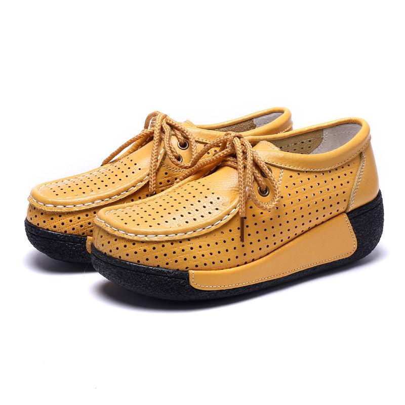 Women's White Leather Cut-Out Wedge Shoes - Thick Soft Sole, Casual Spring/Summer Platform Shoes.