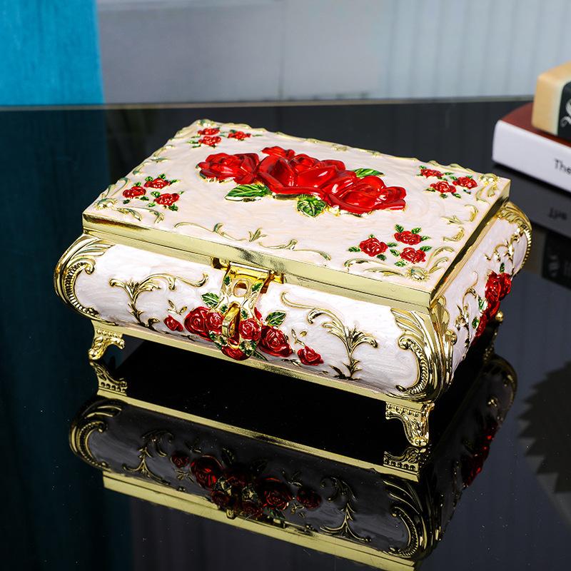 High-End European Metal Jewelry Box with Rose Design, Luxury Decorative Storage Organizer for Necklaces Rings Wedding Gift
