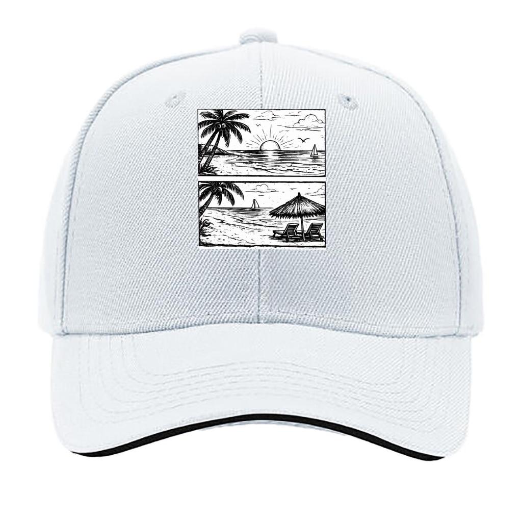 Tropical Beach Sunset Palm Tree Ocean Sailboat Sketch Sandwich Baseball Cap Unisex Women Sun Cap Outdoor Workouts Hat