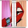 Lips Curtains, Retro Comic Pop Art Girl Applying Red Lipstick Makeup Concept Halftone Background Blackout Rod Pocket Curtains